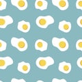 Vector seamless pattern with fried eggs on a blue background. cute pattern in flat style for printing on fabric, Royalty Free Stock Photo